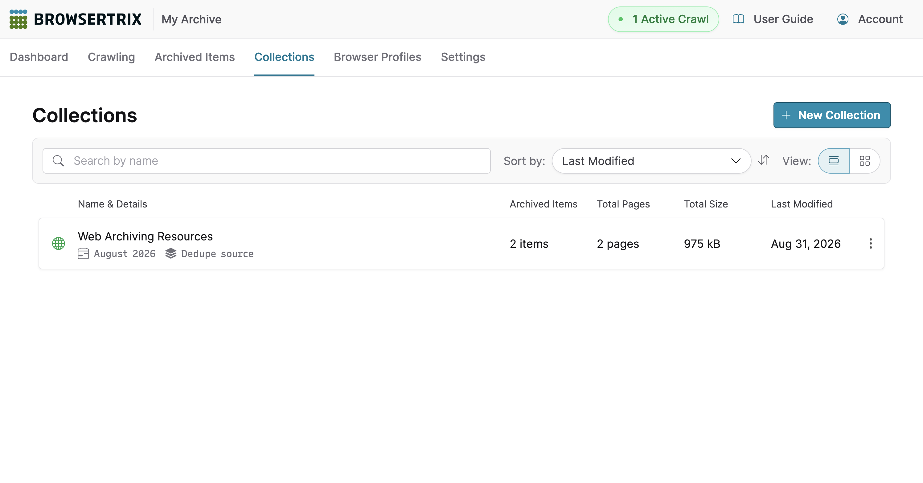 Browsertrix org with one active crawl, which appears at the top of the collections page
