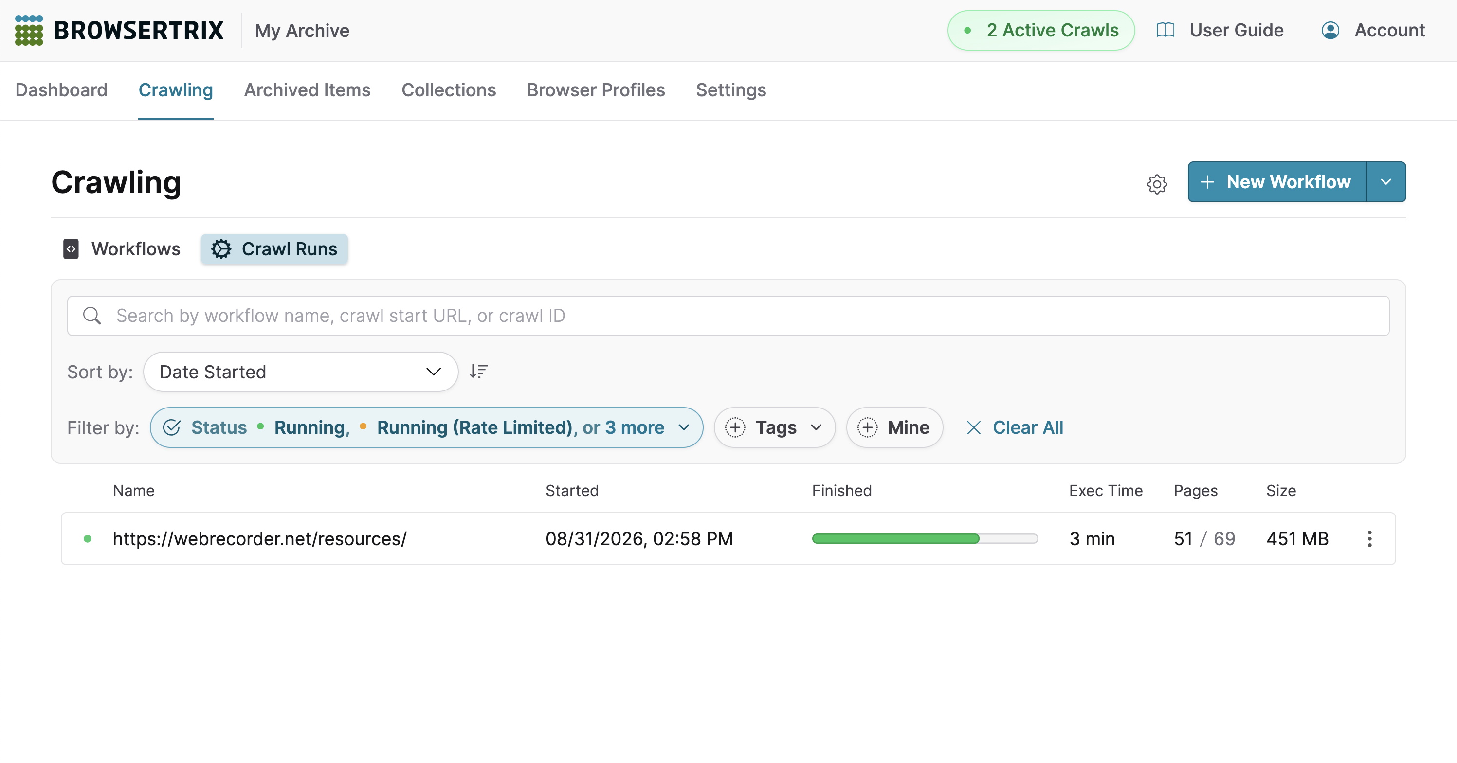 Browsertrix “Crawl Runs” page with one running crawl