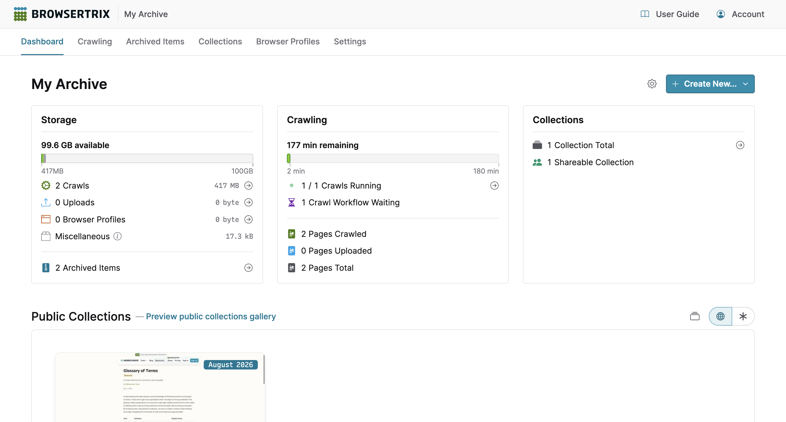 Browsertrix dashboard with usage statistics
