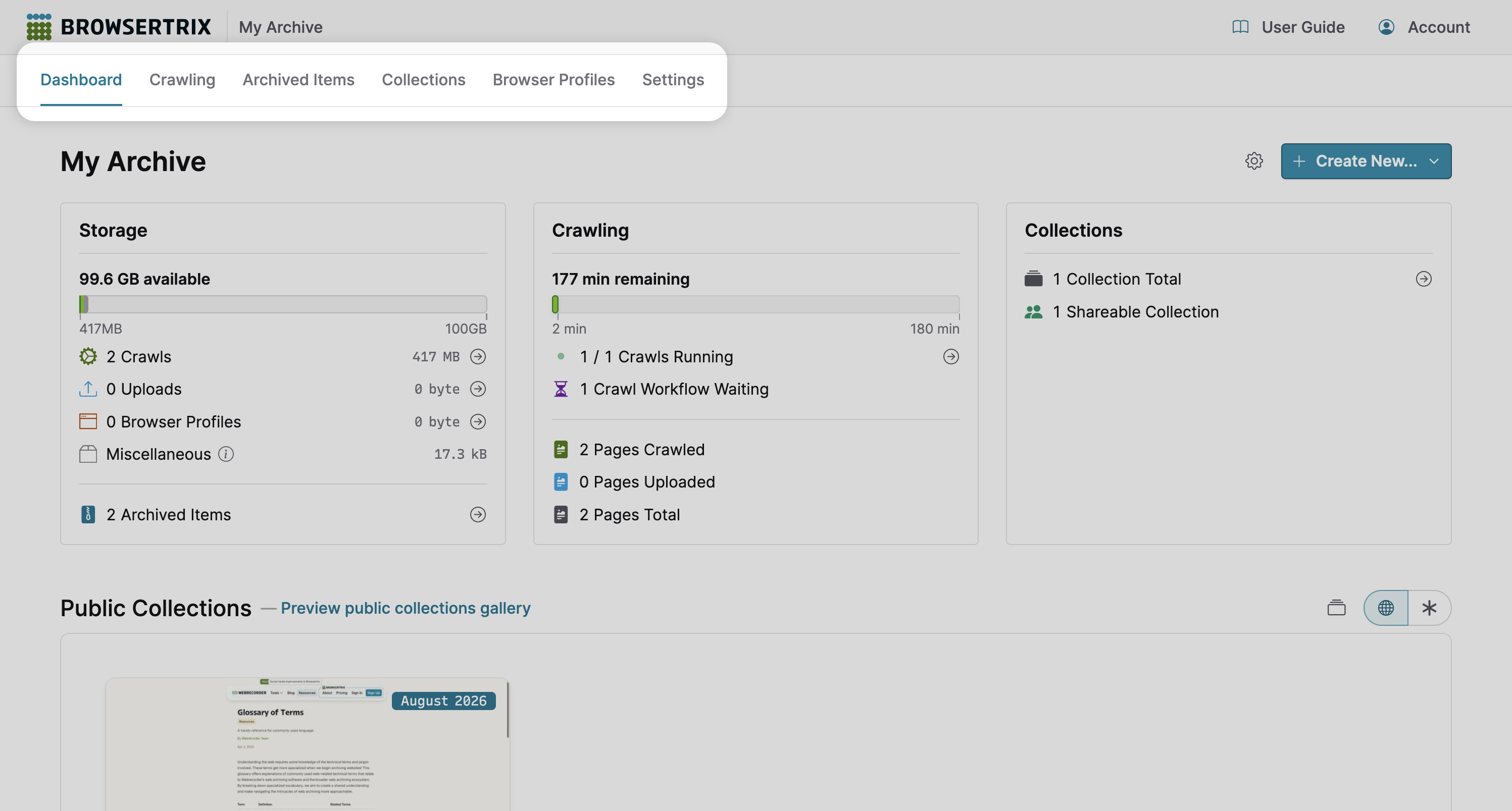 Browsertrix dashboard with org navigation highlighted