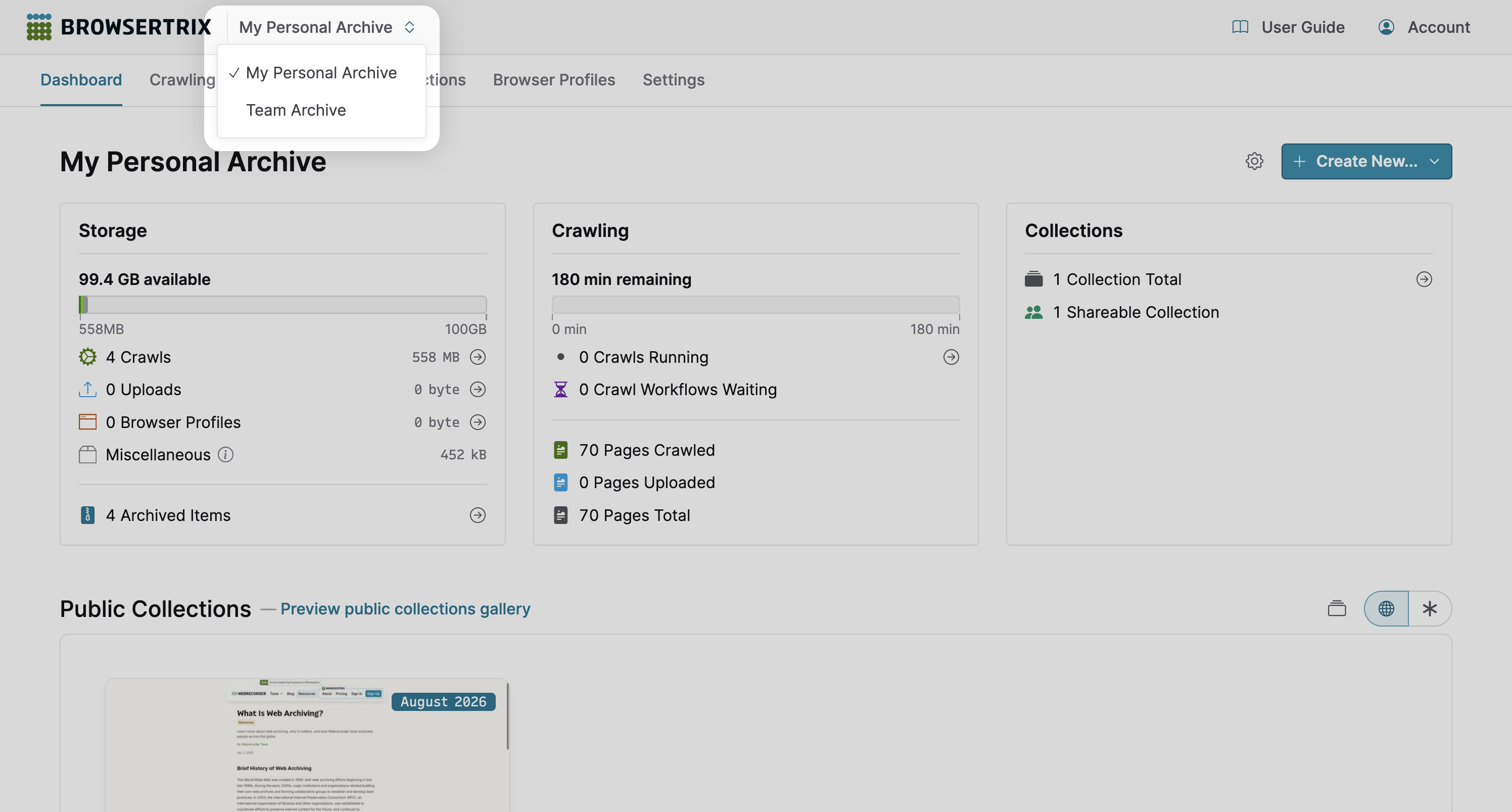 Browsertrix dashboard with open org selector highlighted